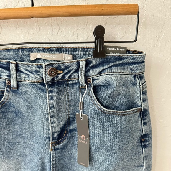 Tractr High Rise Straight Washed Denim Dark Blue Fray Hem Jeans 2/26 - Picture 4 of 6
